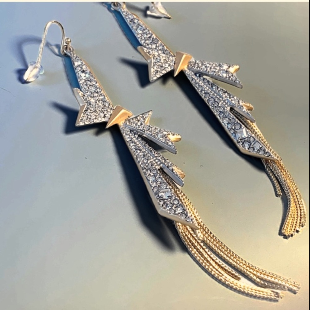 ALEXIS BITTAR • Origami Crystal Bow Fringe Drop Matte Silver Statement Earrings - Picture 7 of 13